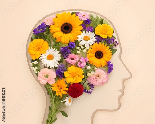Human head silhouette filled with colorful flowers