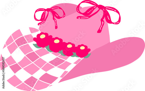 Coquette Cowgirl Hat with Ribbon Bow and Gingham Pattern – Cute Retro Groovy Style Illustration