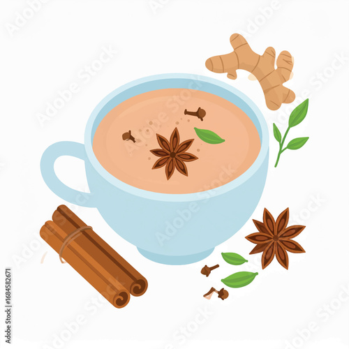 A light blue teacup filled with a spiced beverage, surrounded by ingredients.