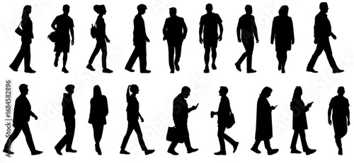 People go silhouettes set. group of people walking, going, and running. 