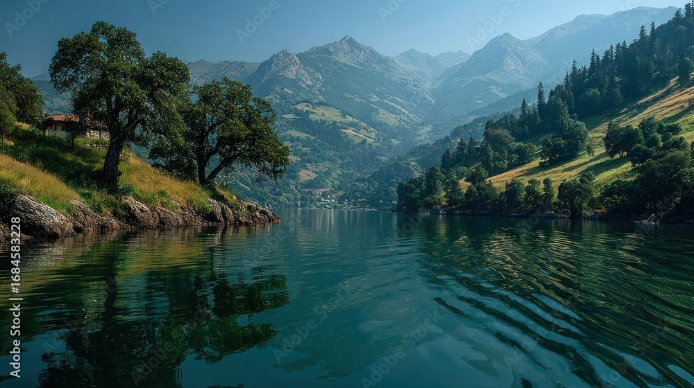 Fototapeta premium A lake with green hills and calm water