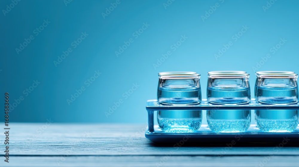 Fototapeta premium Three small glass containers filled with a light blue liquid sit on a blue tray against a blue background.