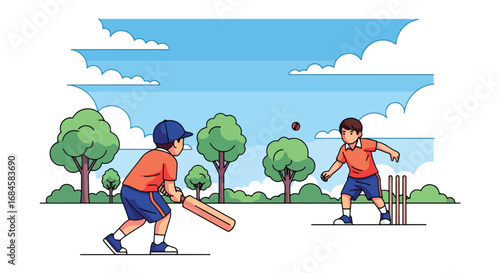 Adobe illustrator artwork vector illustration. Two cheerful boys playing cricket outdoors in a park, with one batting and the other bowling. Ideal for themes of sports, outdoor fun and childhood games