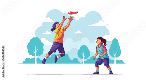 Adobe illustrator artwork vector illustration. Two happy children playing frisbee outdoors, with one boy jumping to catch the disc. Perfect for themes of active play, outdoor recreation and summer fun