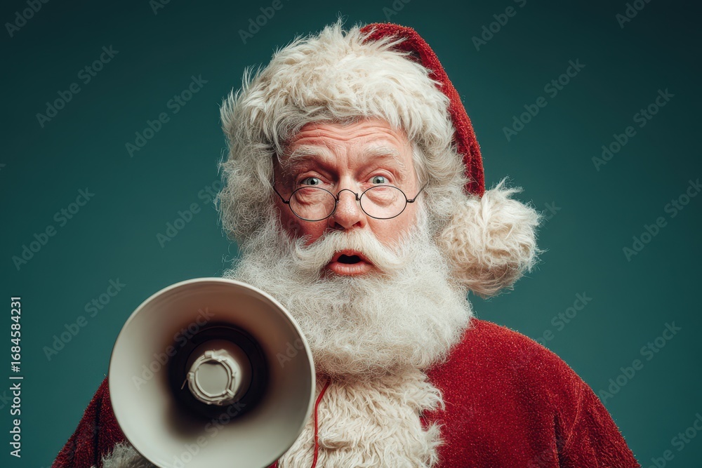 Naklejka premium Santa in glasses holding a megaphone and facing the camera