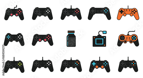 various gaming controllers and accessories displayed in grid layout