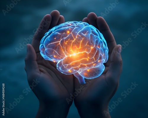 Hands cradling a glowing blue brain with orange light