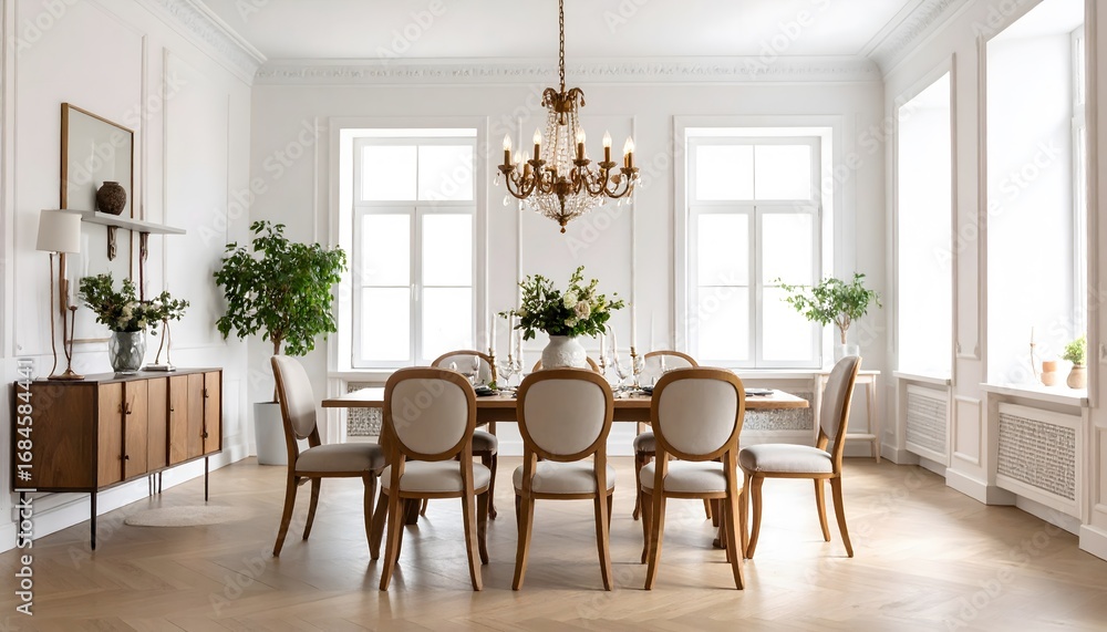 Fototapeta premium Elegant dining room with crystal chandelier, white walls, and a wooden table set for a meal