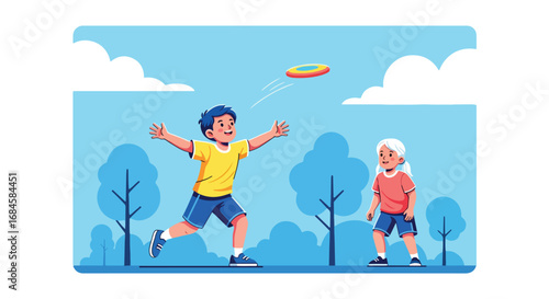 Adobe illustrator artwork vector illustration. Two happy children playing frisbee outdoors, with one boy jumping to catch the disc. Perfect for themes of active play, outdoor recreation and summer fun