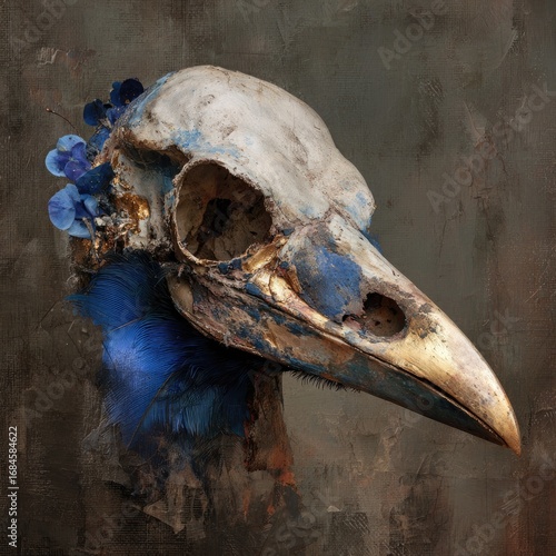 A bird skull, aged and adorned with blue feathers and flowers, sits on a textured background