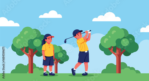 Adobe illustrator artwork vector illustration. Two cheerful children playing golf on a green course, with one girl swinging a club as the boy watches. Great for themes of sportsmanship, and leisure