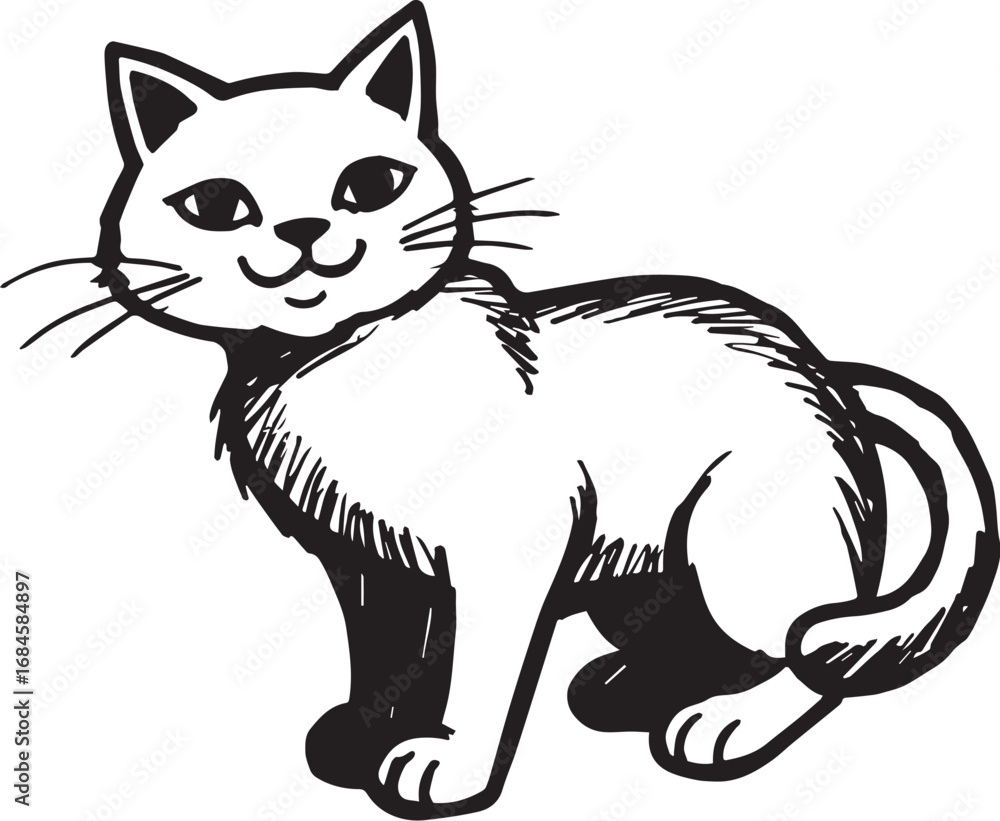 Obraz premium Cat Doodle Black and White Illustration Vector Image Cute Kitten Sketch Line Art Drawing Silhouette