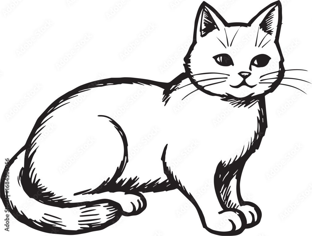 Obraz premium Cat Doodle Black and White Illustration Vector Image Cute Kitten Sketch Line Art Drawing Silhouette