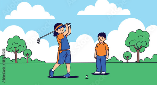 Adobe illustrator artwork vector illustration. Two cheerful children playing golf on a green course, with one girl swinging a club as the boy watches. Great for themes of sportsmanship, and leisure