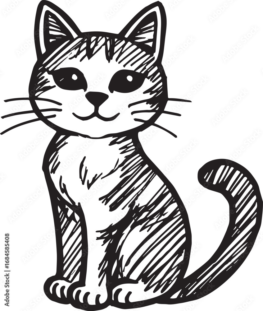 Obraz premium Cat Doodle Black and White Illustration Vector Image Cute Kitten Sketch Line Art Drawing Silhouette