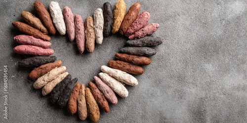 Heart of colored clay rods on gray surface