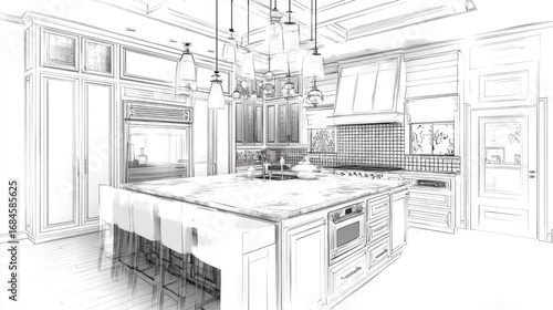 Detailed architectural sketch of a luxury kitchen interior design.