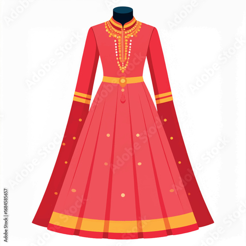 A vibrant, traditional Indian dress, featuring a long, flowing skirt and elaborate embellishments.