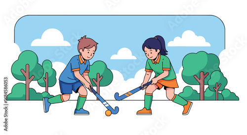Adobe illustrator artwork vector illustration. Two cheerful children playing field hockey, dribbling the ball with their sticks in an outdoor setting. Perfect for themes of sports, teamwork, healthy