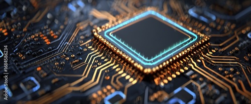 Computer Chip on Circuit Board with Blue Glow - Technology Visualization, Electronics Design, Microchip Detail