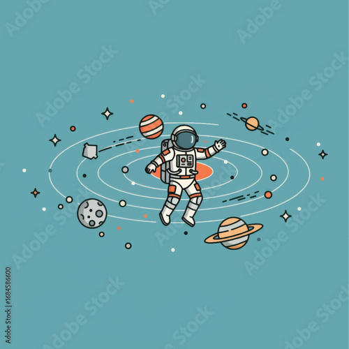 Astronaut in Space Orbiting Planets and Stars