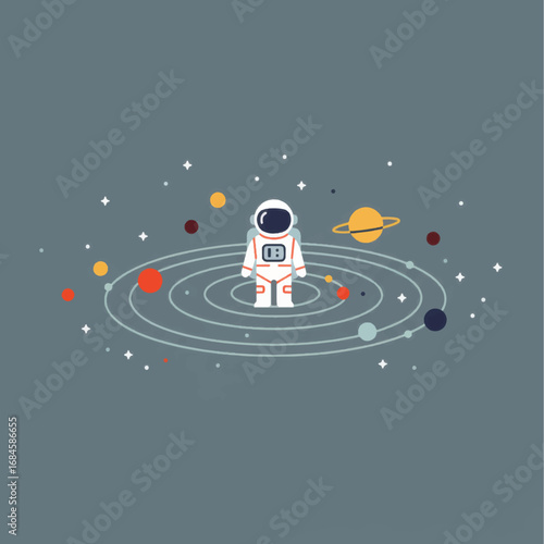 Astronaut in Space Orbiting Planets in a Simple Illustration