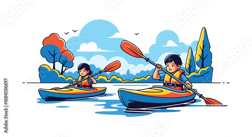 Adobe illustrator artwork vector illustration. Two happy children kayaking on water, wearing life jackets and paddling through a scenic outdoor landscape. Ideal for themes of adventure, water sports