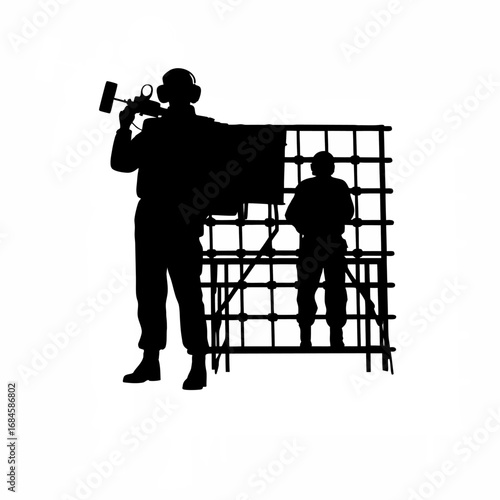 Operator listening to machine sounds for accuracy silhouette on white background