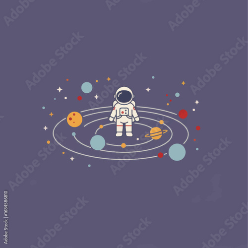 Cartoon Astronaut Surrounded by Planets and Stars in a Stylized Solar System