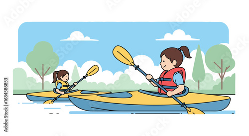 Adobe illustrator artwork vector illustration. Two happy children kayaking on water, wearing life jackets and paddling through a scenic outdoor landscape. Ideal for themes of adventure, water sports