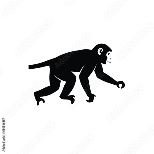 Silhouette of a playful chimpanzee crawling on a white background, wildlife illustration