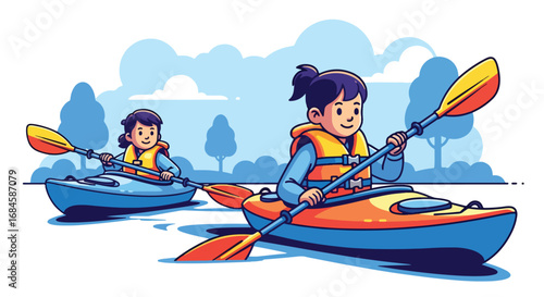 Adobe illustrator artwork vector illustration. Two happy children kayaking on water, wearing life jackets and paddling through a scenic outdoor landscape. Ideal for themes of adventure, water sports