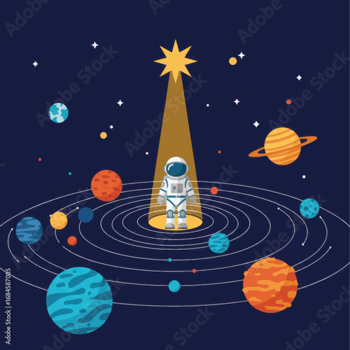 Illuminated Astronaut at Center of Planetary System
