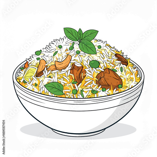 Aromatic bowl of chicken biryani, garnished with cashews and basil.