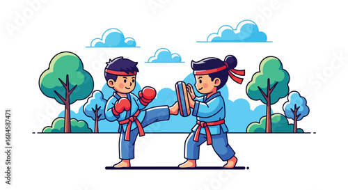Adobe illustrator artwork vector illustration. Two cheerful girls practicing martial arts outdoors, demonstrating kicks and blocks in a park setting. Perfect for themes of self-defense, discipline