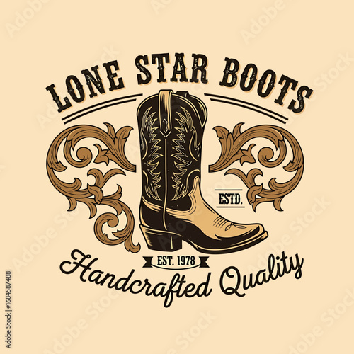 A vintage logo design for Lone Star Boots featuring a detailed cowboy boot with ornamental scrollwork.