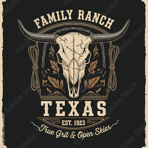 Vintage emblem of a Texas family ranch, featuring a longhorn skull, barbed wire, and foliage.