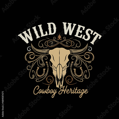 Vintage Wild West emblem featuring a steer skull, ornate scrolls, horseshoes, and "Cowboy Heritage" text on black.