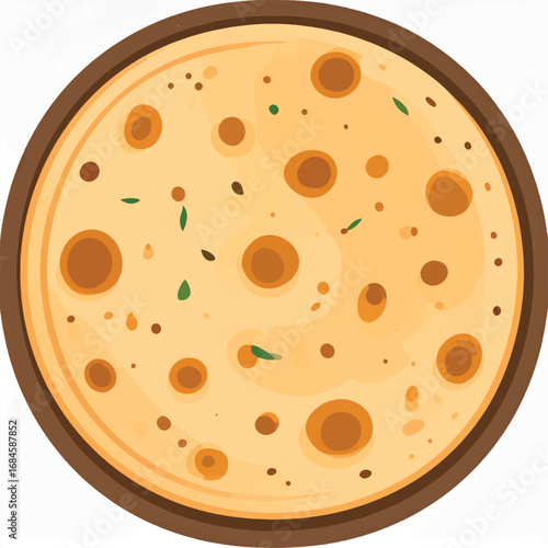 Top-down view of a flatbread or roti, featuring browned spots and green herb specks, set against a neutral background.