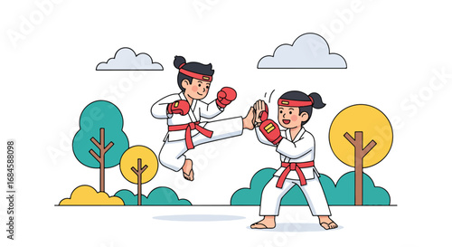 Adobe illustrator artwork vector illustration. Two cheerful girls practicing martial arts outdoors, demonstrating kicks and blocks in a park setting. Perfect for themes of self-defense, discipline