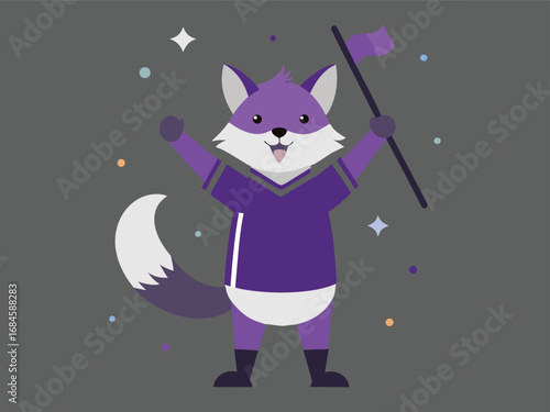 Enchanting cartoon  arctic fox in purple attire holding a wand amidst twinkling stars