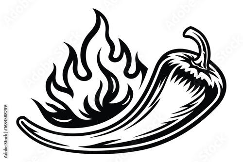 Spicy Chili Pepper with Flames Icon on White Background