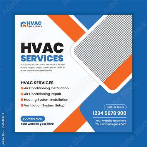 HVAC Repair Service, Air Conditioning Maintenance, Heating and Cooling System Web Banner and Social Media Post Template