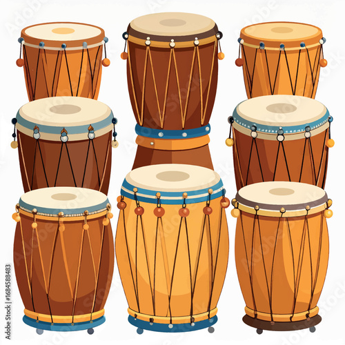 A collection of stylized, cartoon-like drums arranged in a visually appealing composition, showcasing various sizes.