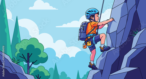 Adobe illustrator artwork vector illustration. A determined child rock climbing outdoors, wearing safety gear and ascending a rugged cliff face. Ideal for themes of adventure, challenge, and courage