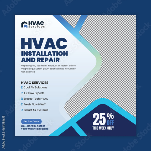 HVAC Repair Service, Air Conditioning Maintenance, Heating and Cooling System Web Banner and Social Media Post Template