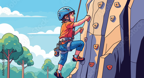 Adobe illustrator artwork vector illustration. A determined child rock climbing outdoors, wearing safety gear and ascending a rugged cliff face. Ideal for themes of adventure, challenge, and courage
