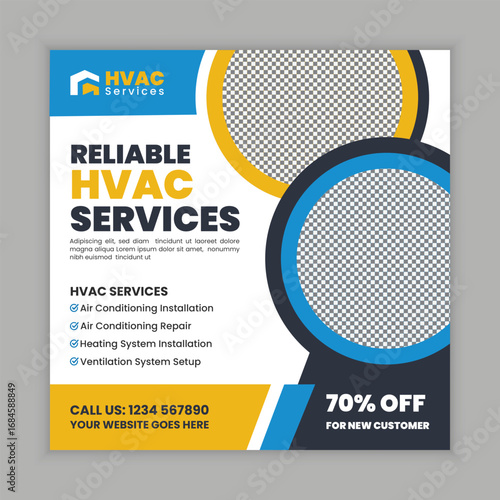 HVAC Repair Service, Air Conditioning Maintenance, Heating and Cooling System Web Banner and Social Media Post Template