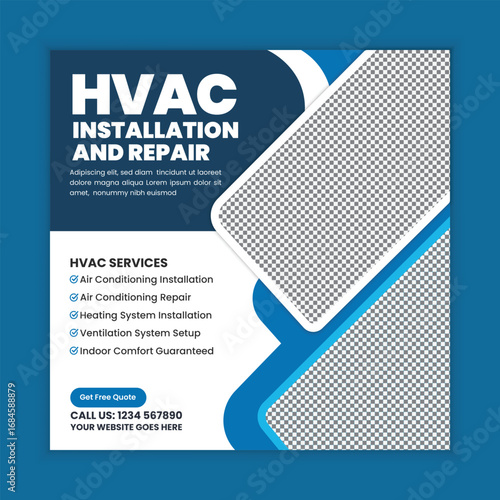HVAC Repair Service, Air Conditioning Maintenance, Heating and Cooling System Web Banner and Social Media Post Template