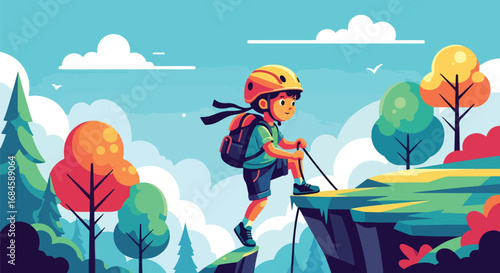 Adobe illustrator artwork vector illustration. A determined child rock climbing outdoors, wearing safety gear and ascending a rugged cliff face. Ideal for themes of adventure, challenge, and courage